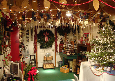 Christmas gifts and decorations in the Christmas Caboose at the Christmas Tree Station, Beckwith Family Christmas Trees, Hannibal, New York